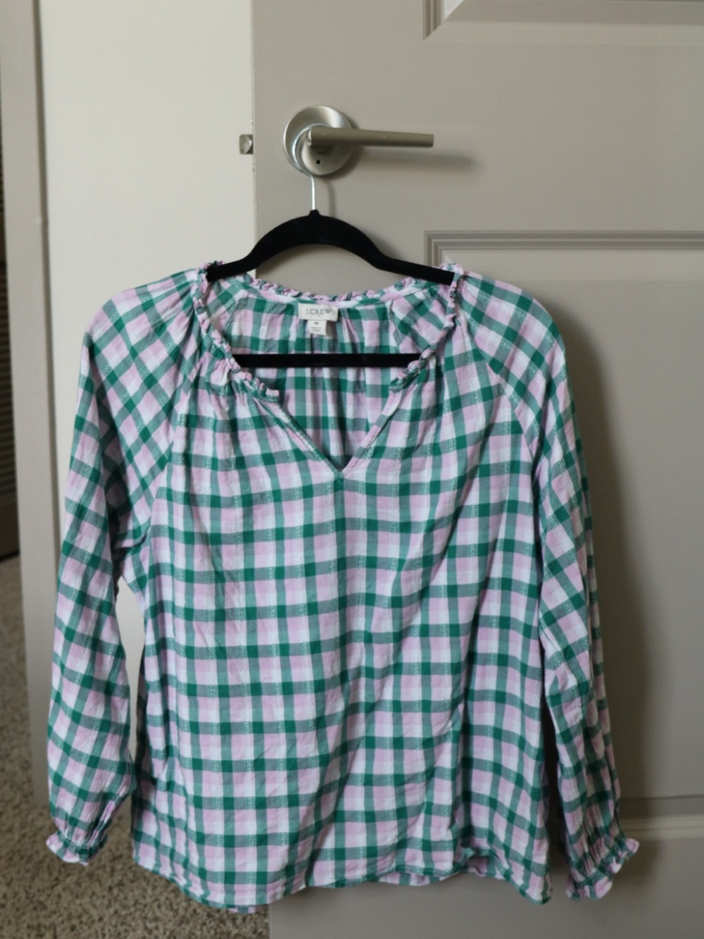 J. Crew Pink and Green Plaid Peasant Blouse